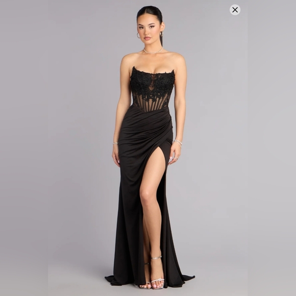 Windsor Dresses & Skirts - Windsor Black Strapless Gown with Lace Detail